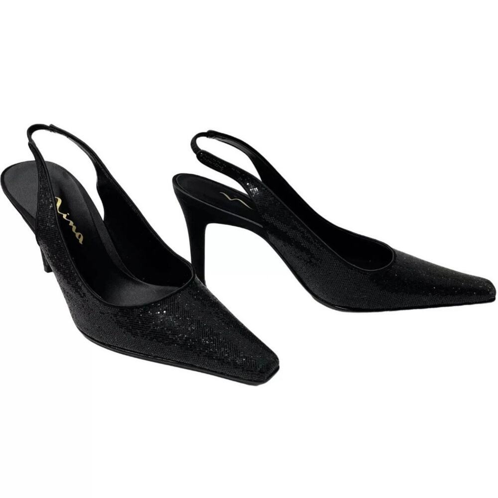 Nina Women's Taren Heels Size 8.5M Black Crystal Sling Backs Pointed Toe w/ Box - Picture 2 of 12